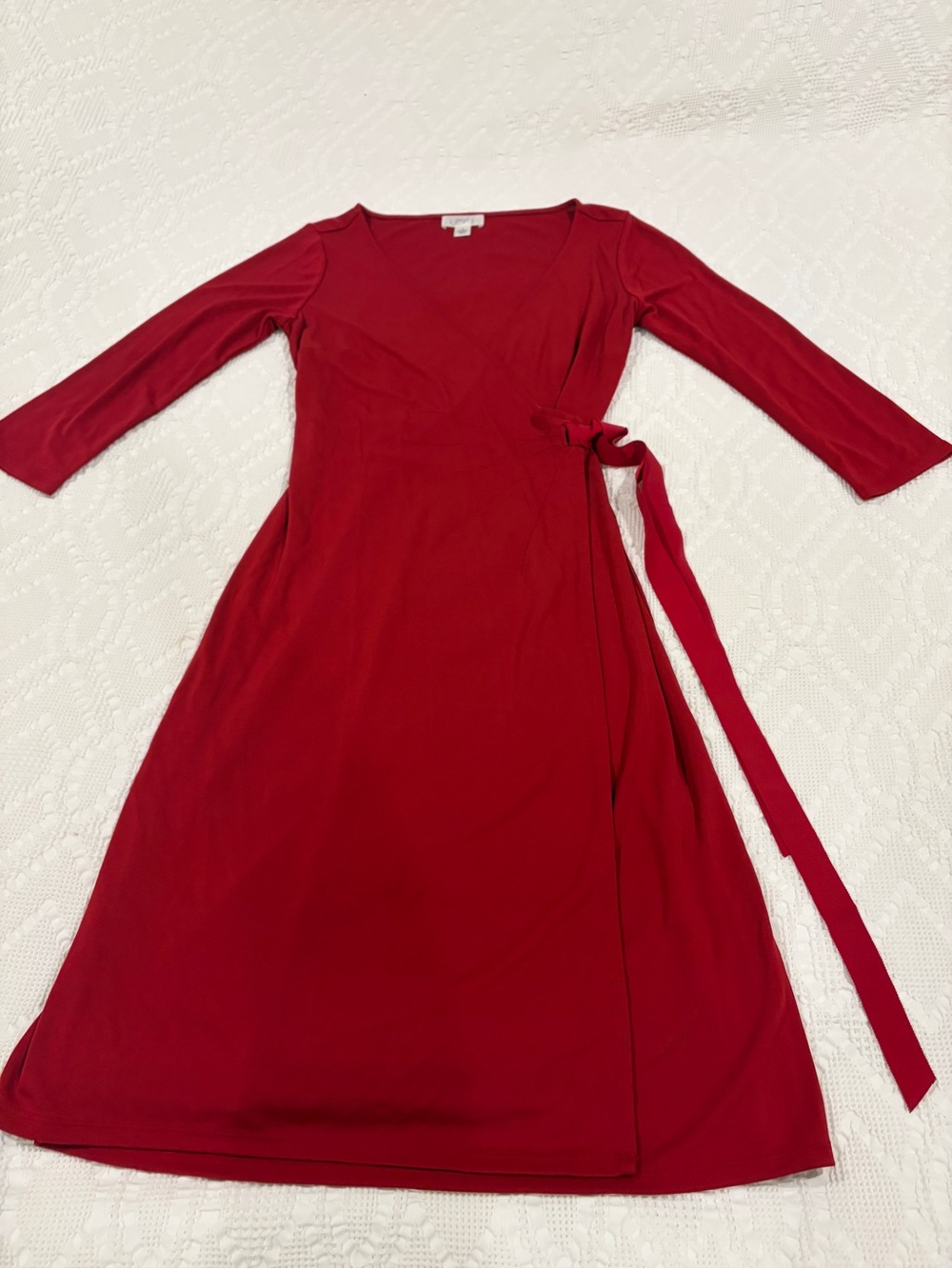 LOFT Red Wrap Midi Dress with Tie Waist